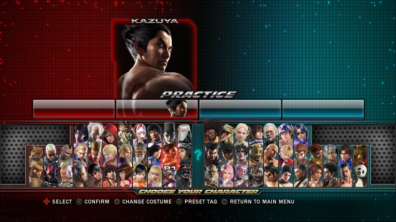 The character select screen for Tekken Tag Tournament 2. Kazuya is highlighted.