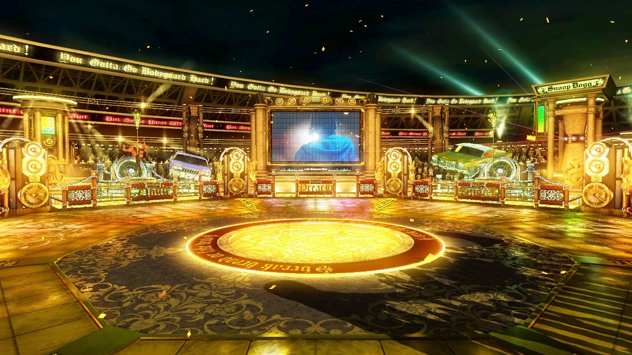A wide shot of the glistening gold Snoop Dogg arena.